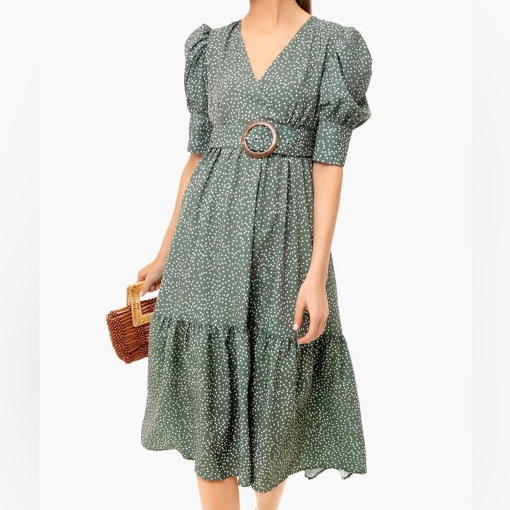 O.P.T Tuckernuck papin dress green polka dot tiered midi belted cottagecore fall